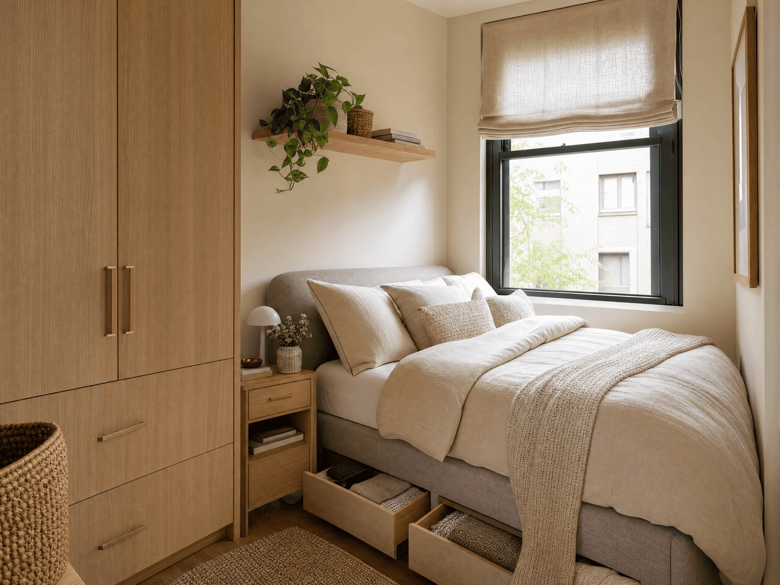 Organized small bedroom with hidden storage, built-in shelves and a cozy neutral interior