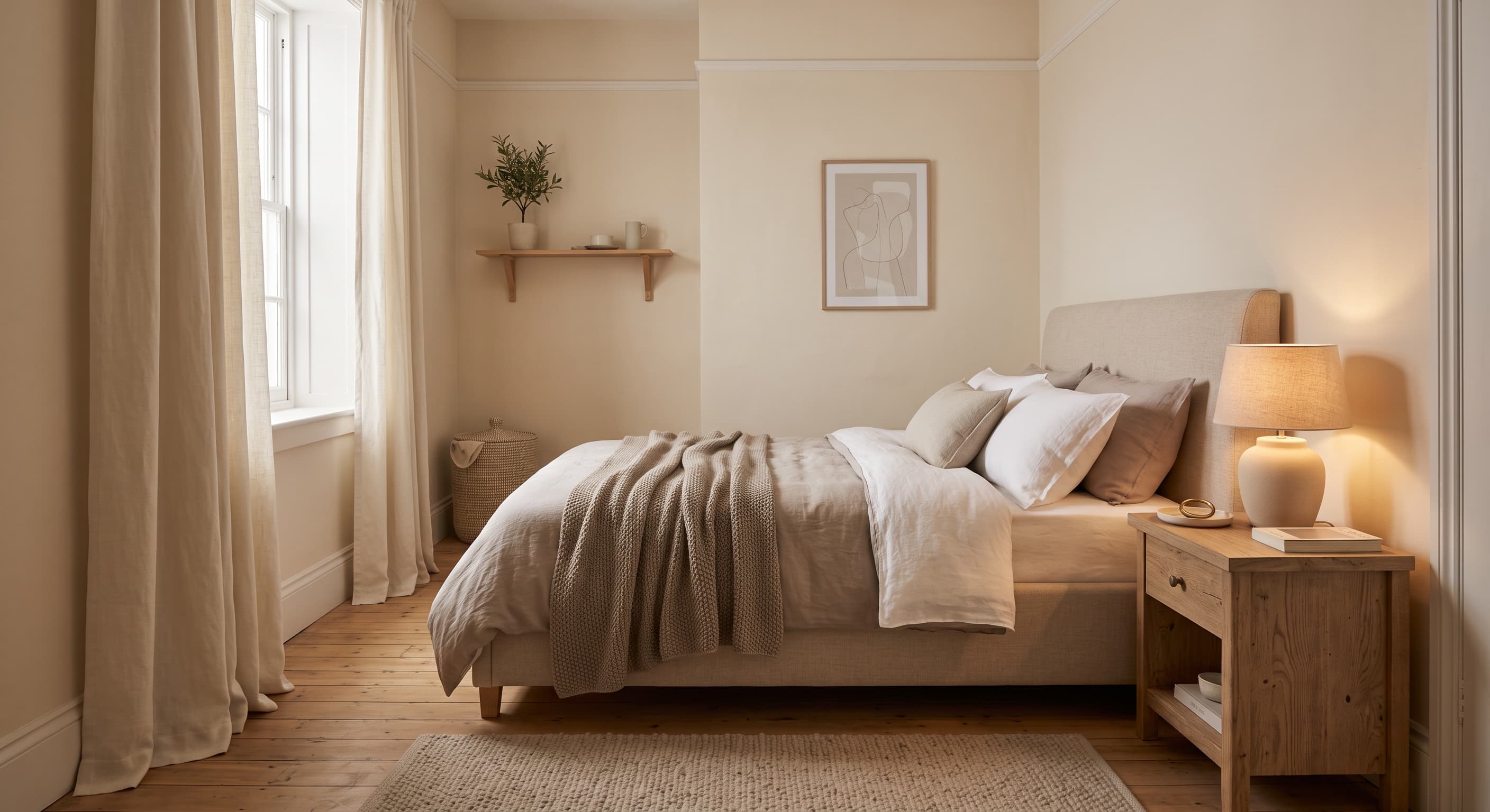 Cozy small bedroom with layered neutral bedding, warm lighting and elegant decor