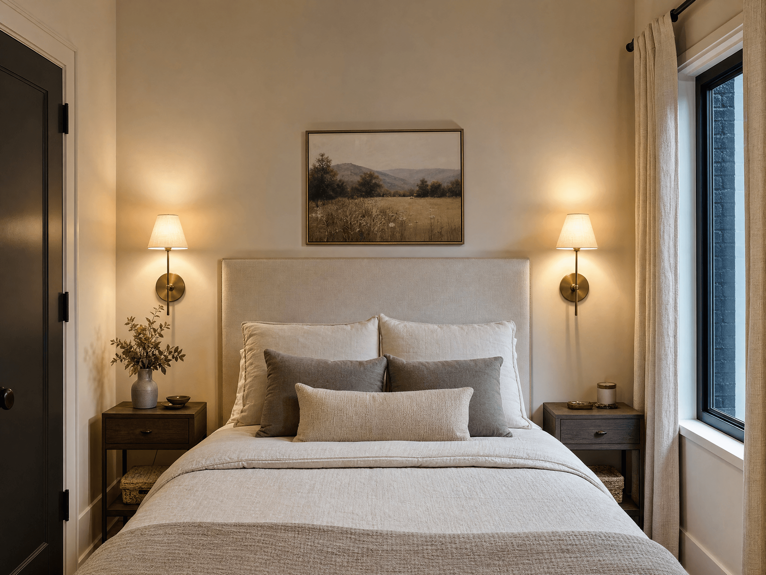 Compact cozy bedroom with symmetrical matching wall sconces on both sides of a small bed