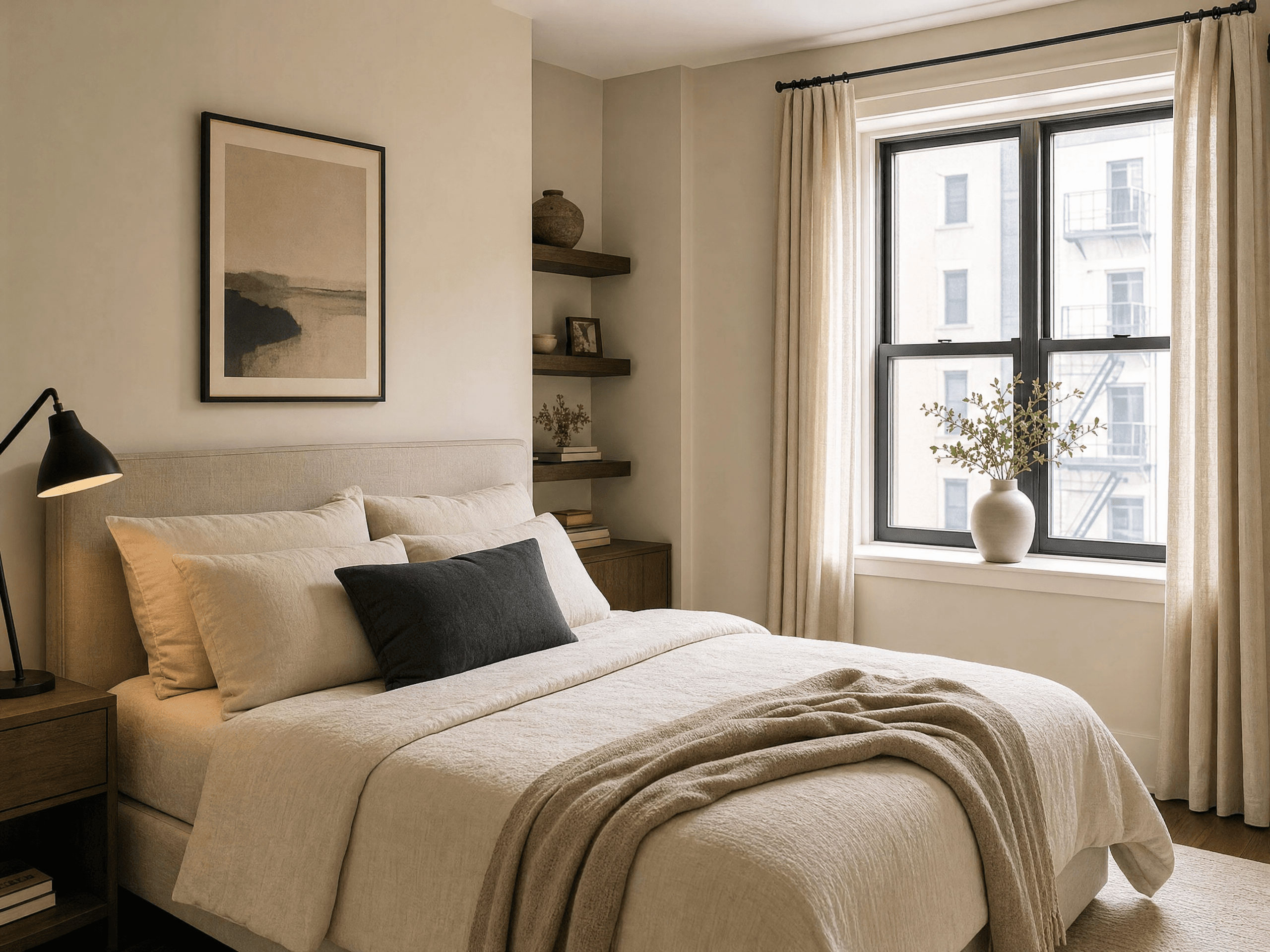Elegant small neutral bedroom with subtle dark accents