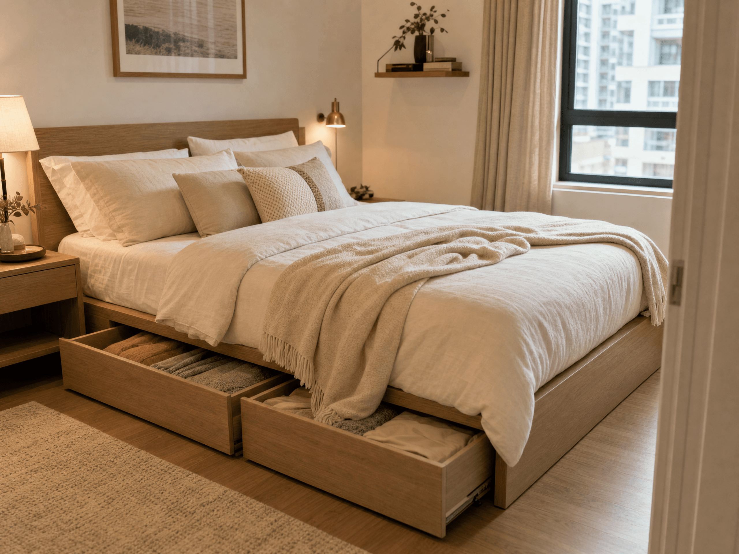 Photorealistic small bedroom showing tasteful hidden under-bed storage drawers integrated into bed frame