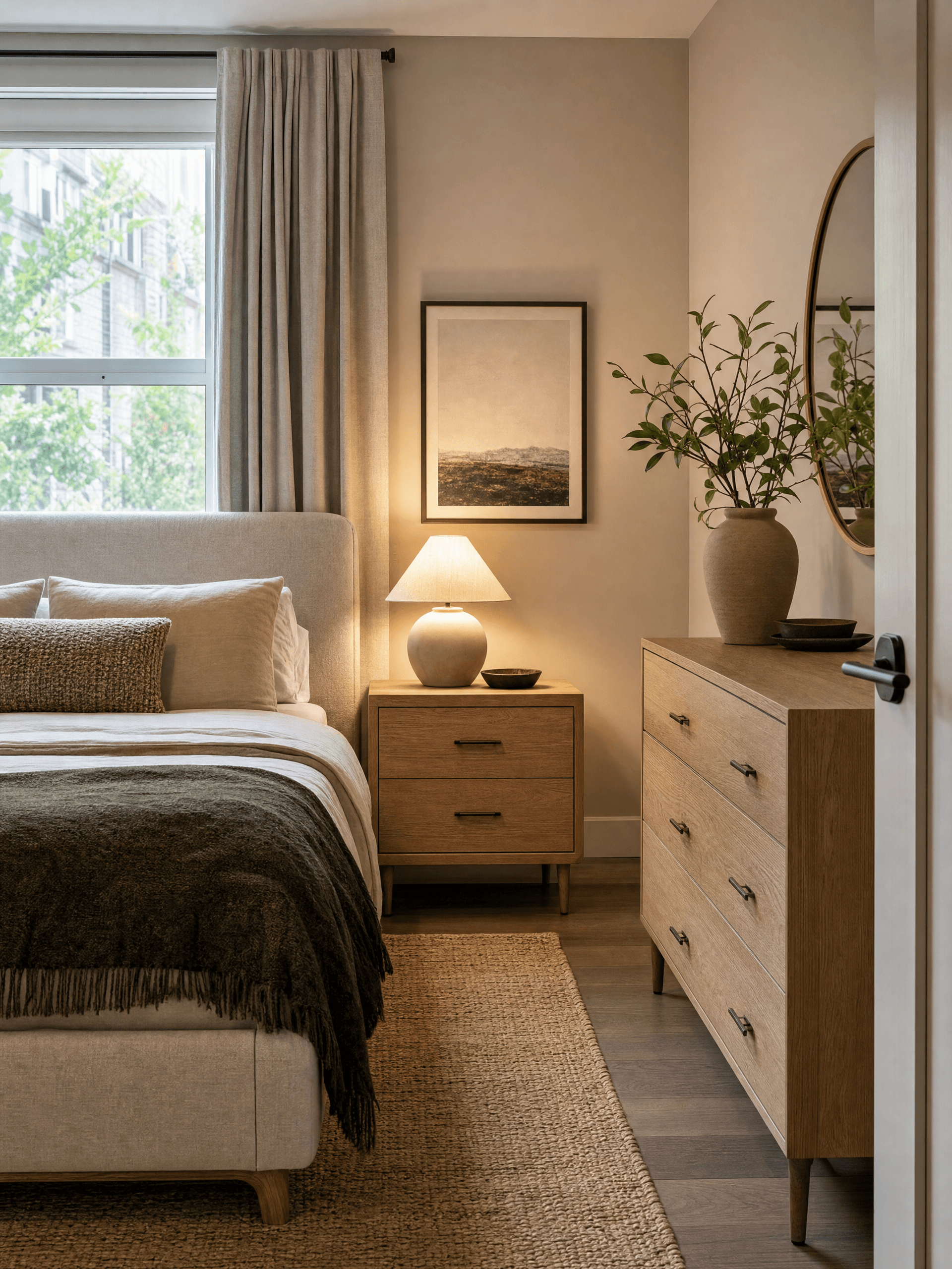 Small bedroom furnished with elegant light oak nightstand and compact dresser on visible slim legs