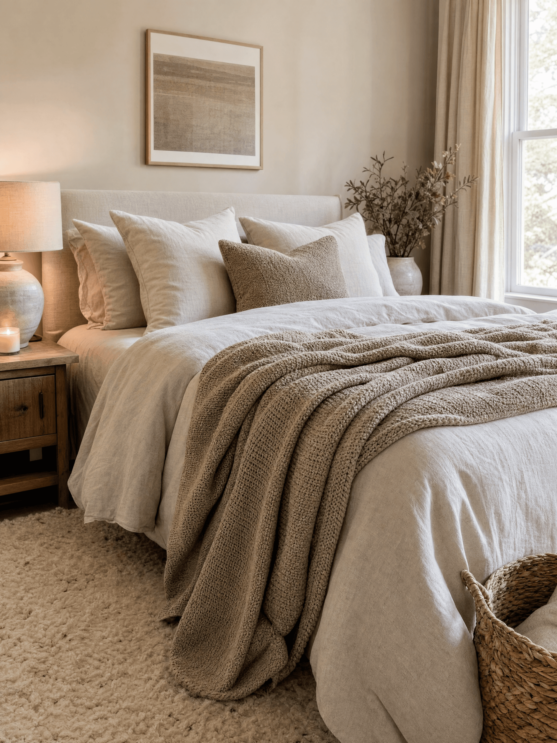 Photorealistic detail-rich small neutral bedroom featuring linen bedding