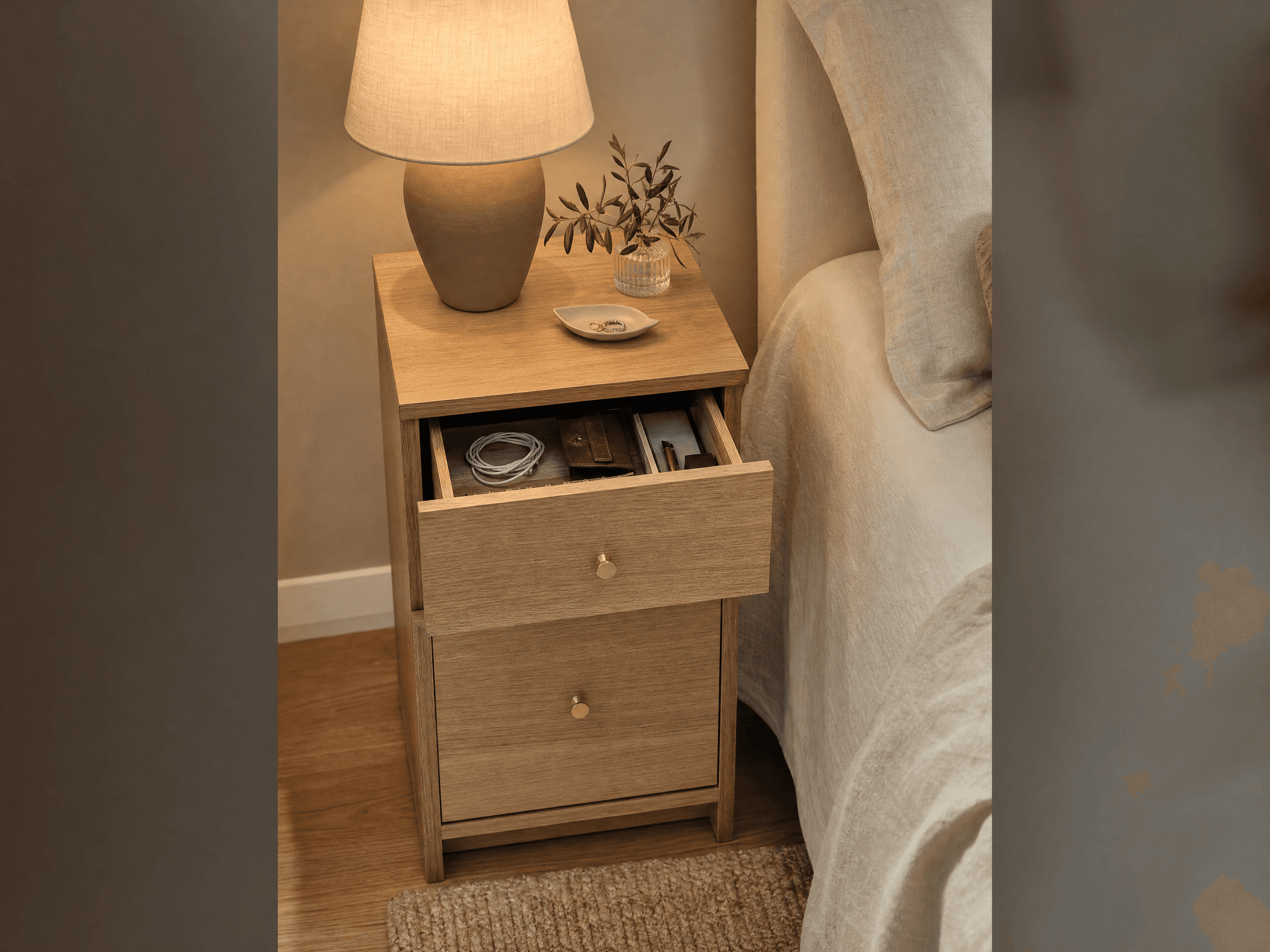 Narrow bedside table with drawers providing storage in a tiny bedroom