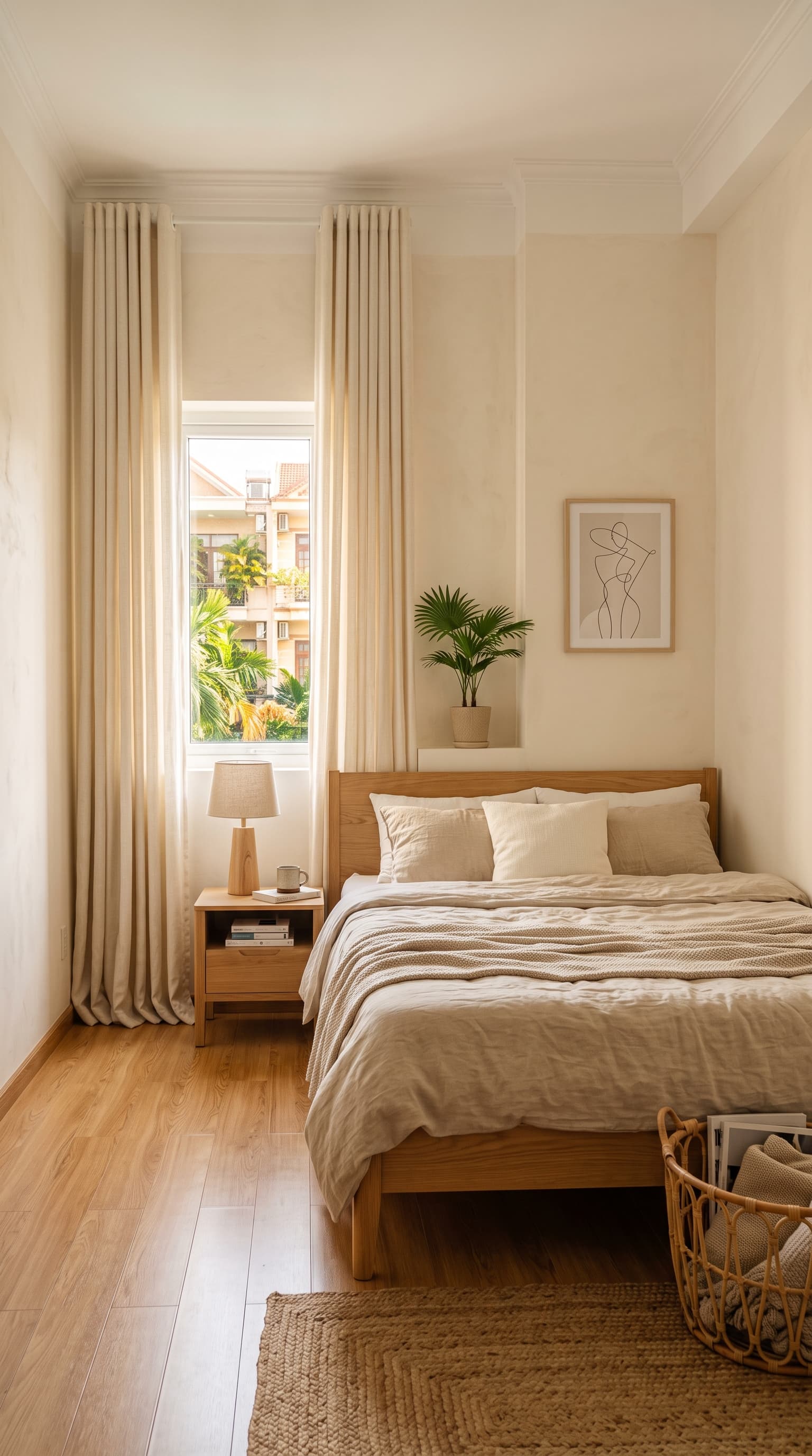 Small elegant bedroom with floor-length cream curtains mounted close to the ceiling above a modest apartment window