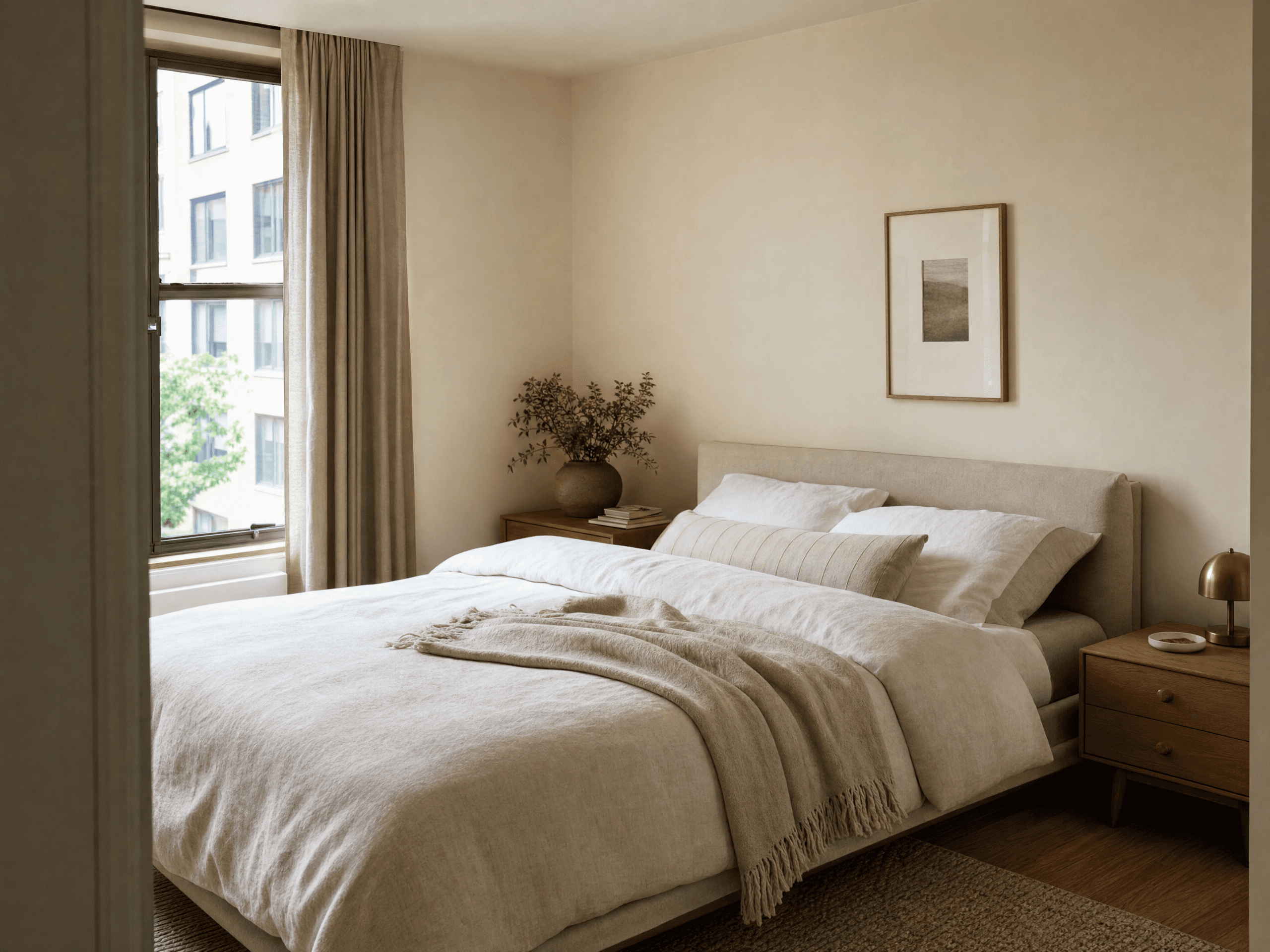 Photorealistic minimalist cozy small bedroom with carefully selected decor and intentional negative space