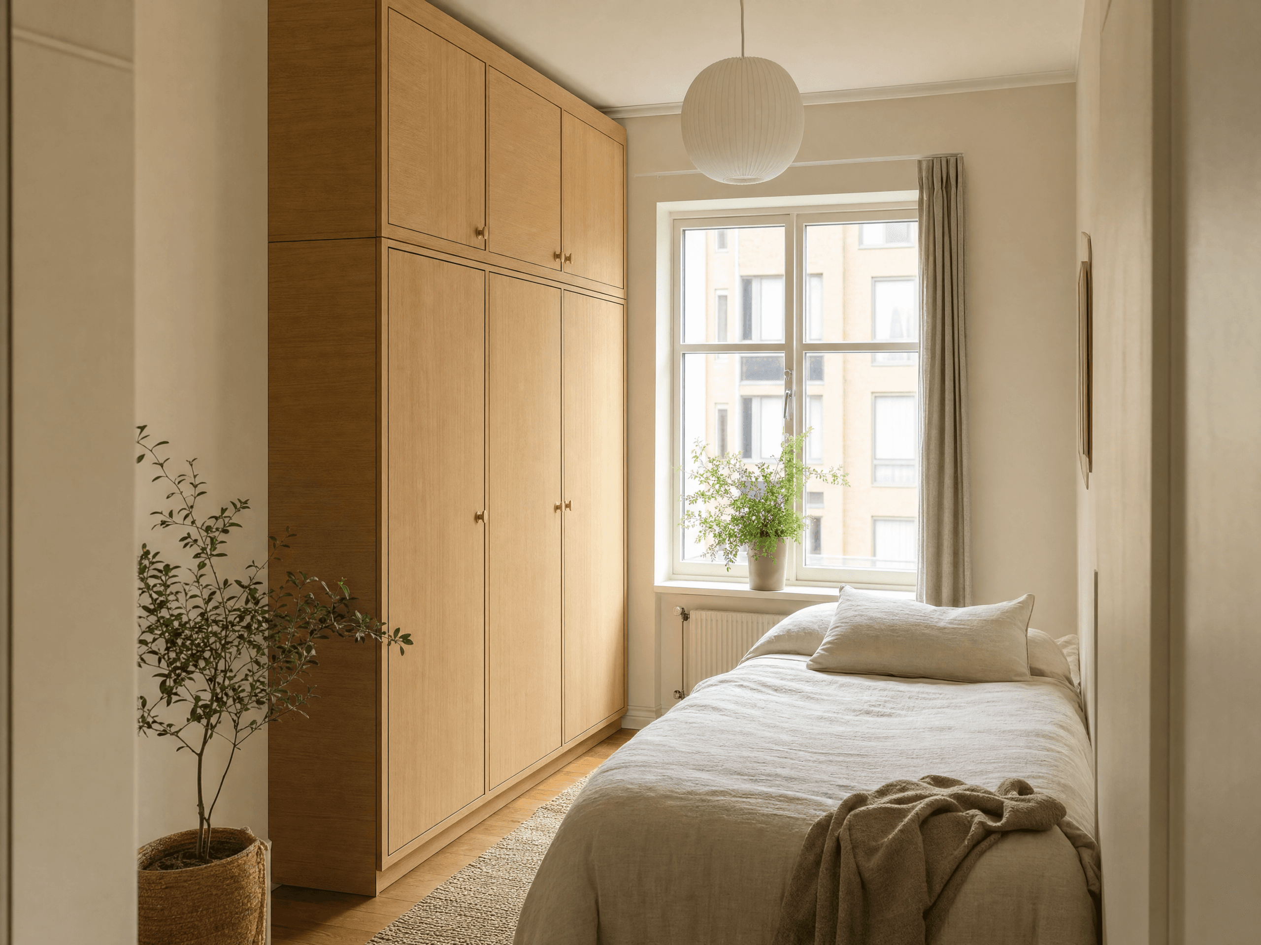 Floor-to-ceiling wardrobe providing vertical storage in a small bedroom