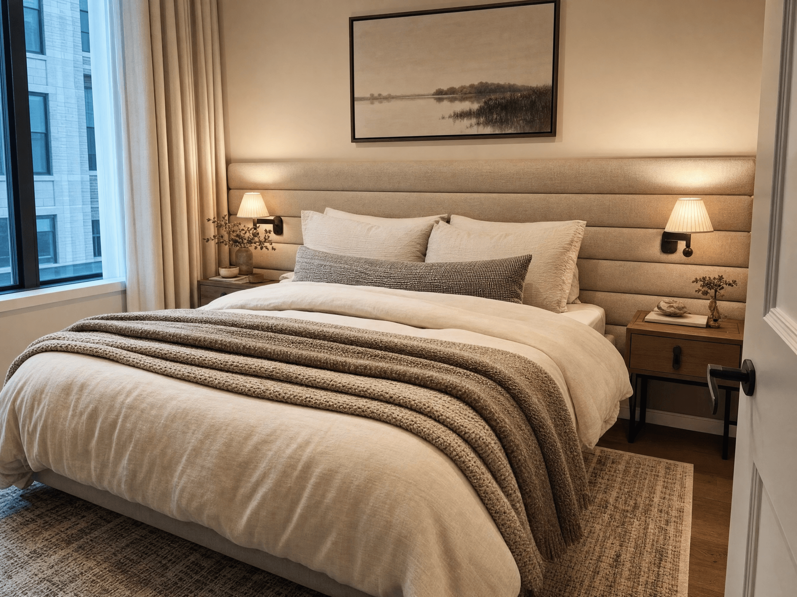 Tiny stylish bedroom with wide upholstered oatmeal headboard extending beyond the bed