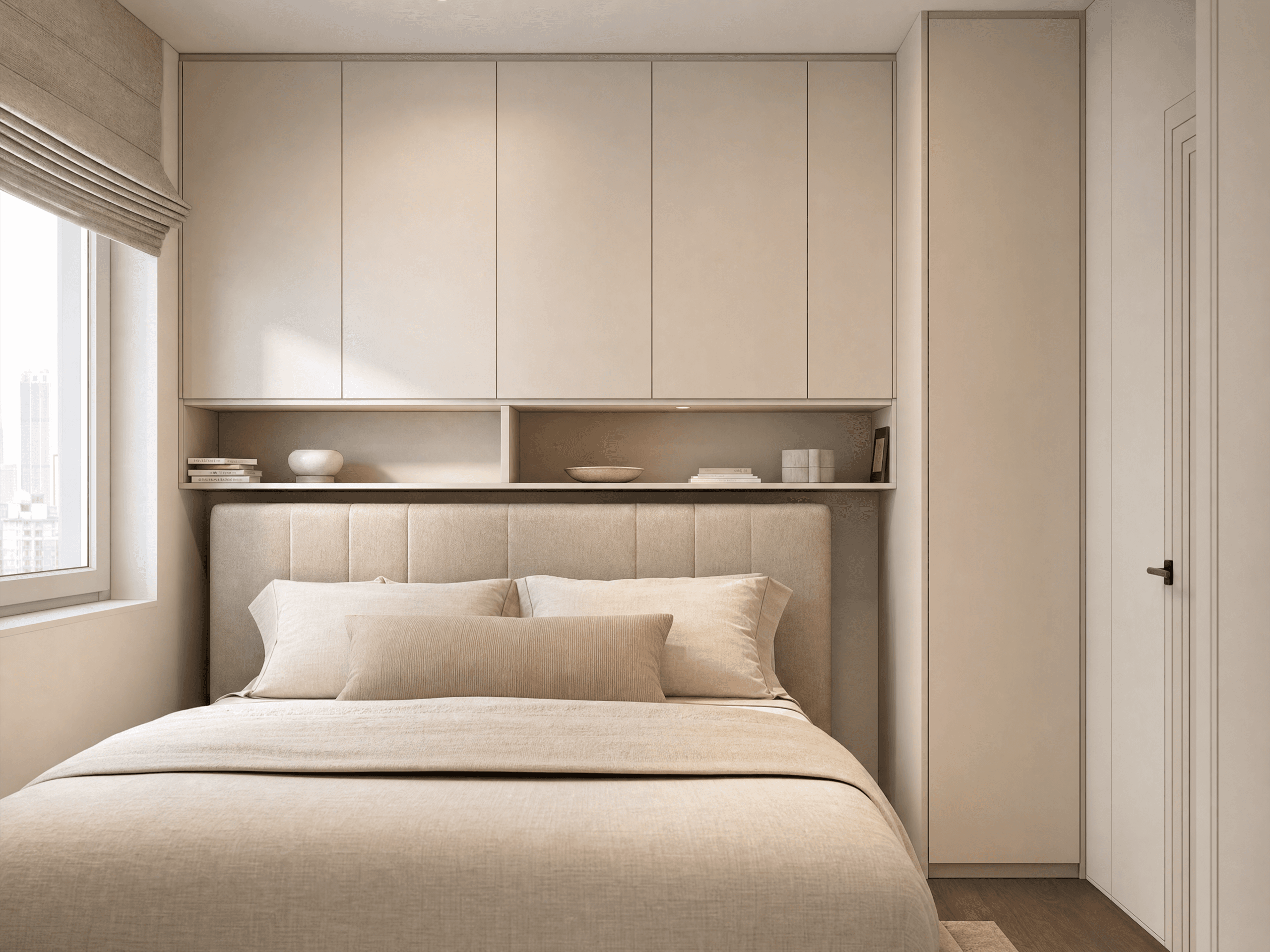 Shallow wall storage above a bed in a compact bedroom