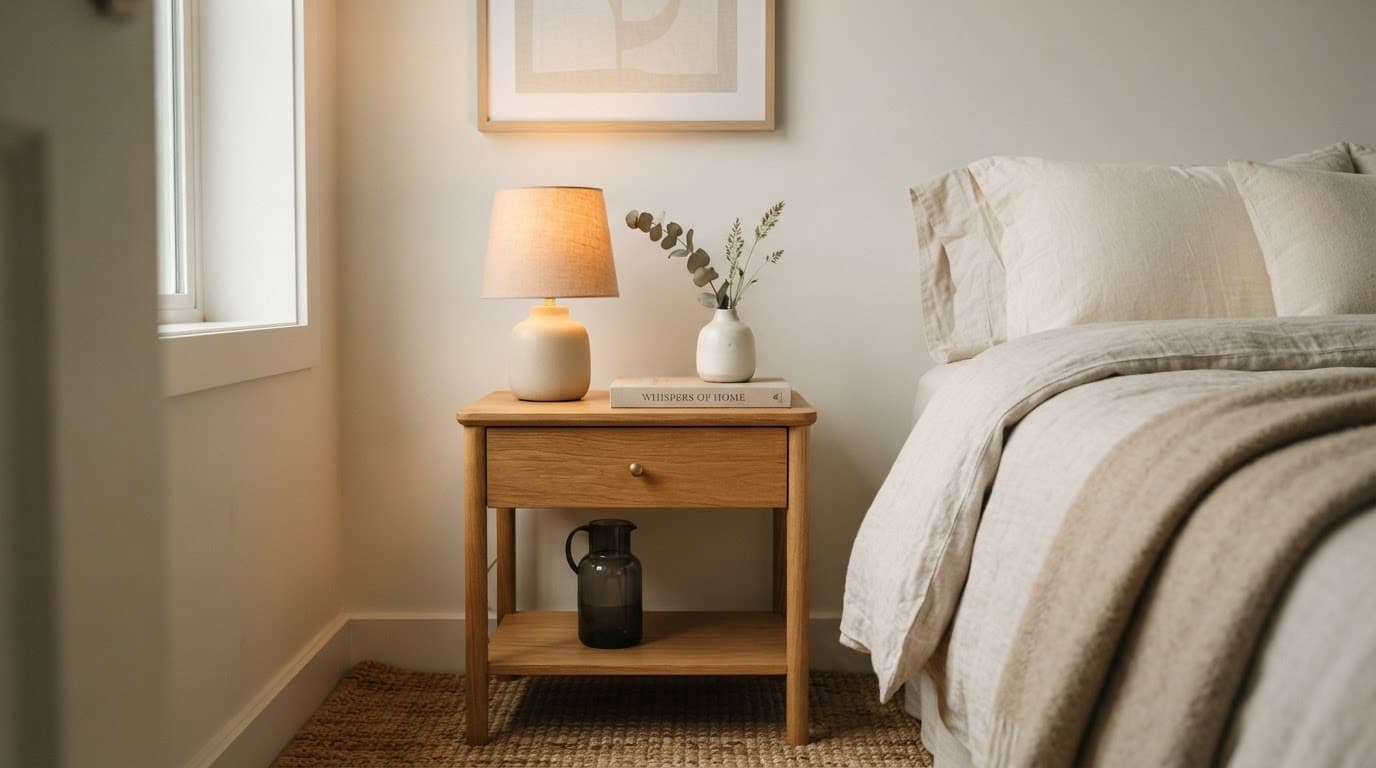 Close interior photograph of beautifully styled compact bedroom nightstand