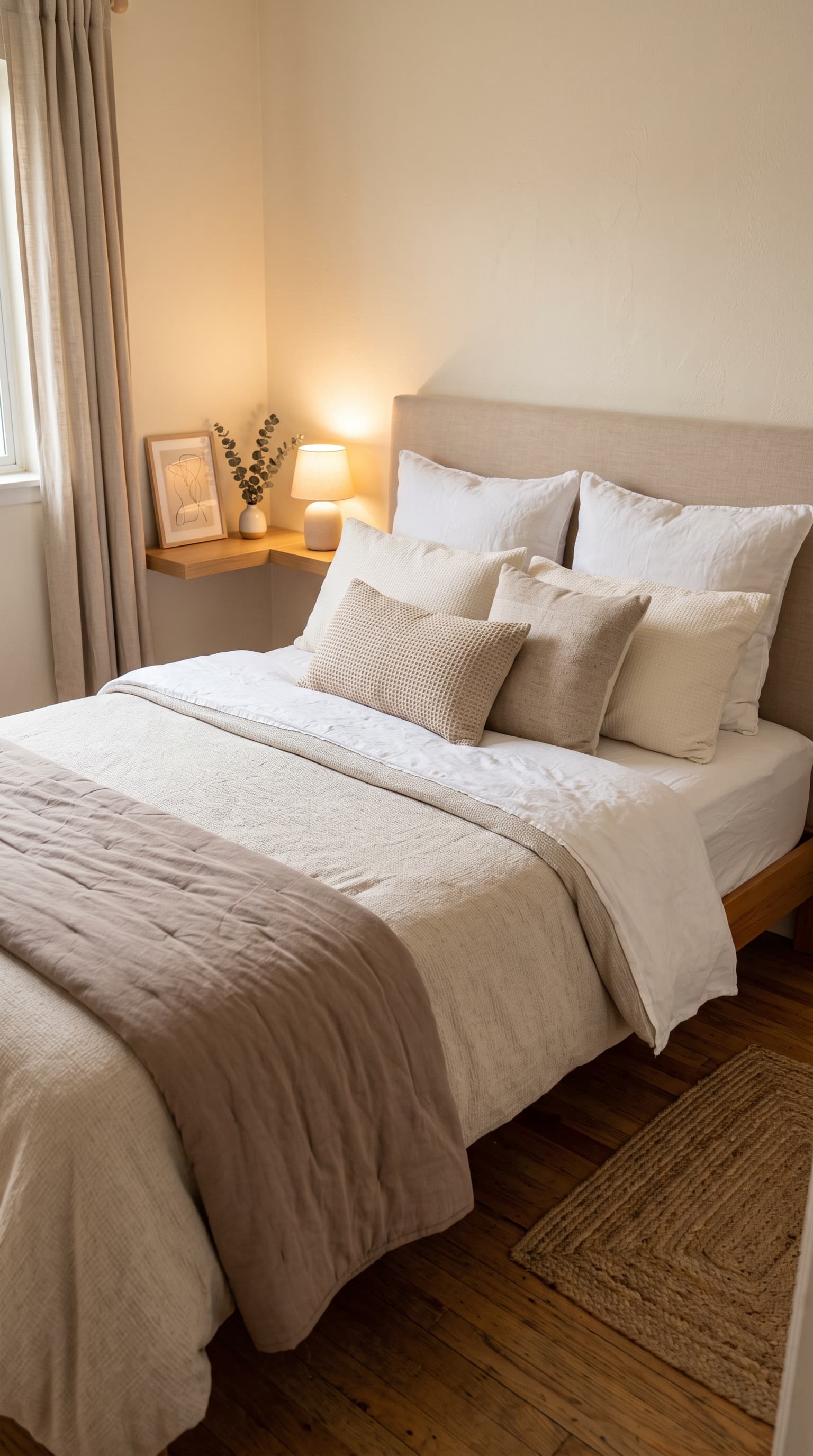 Layered neutral bedding in a cozy small bedroom