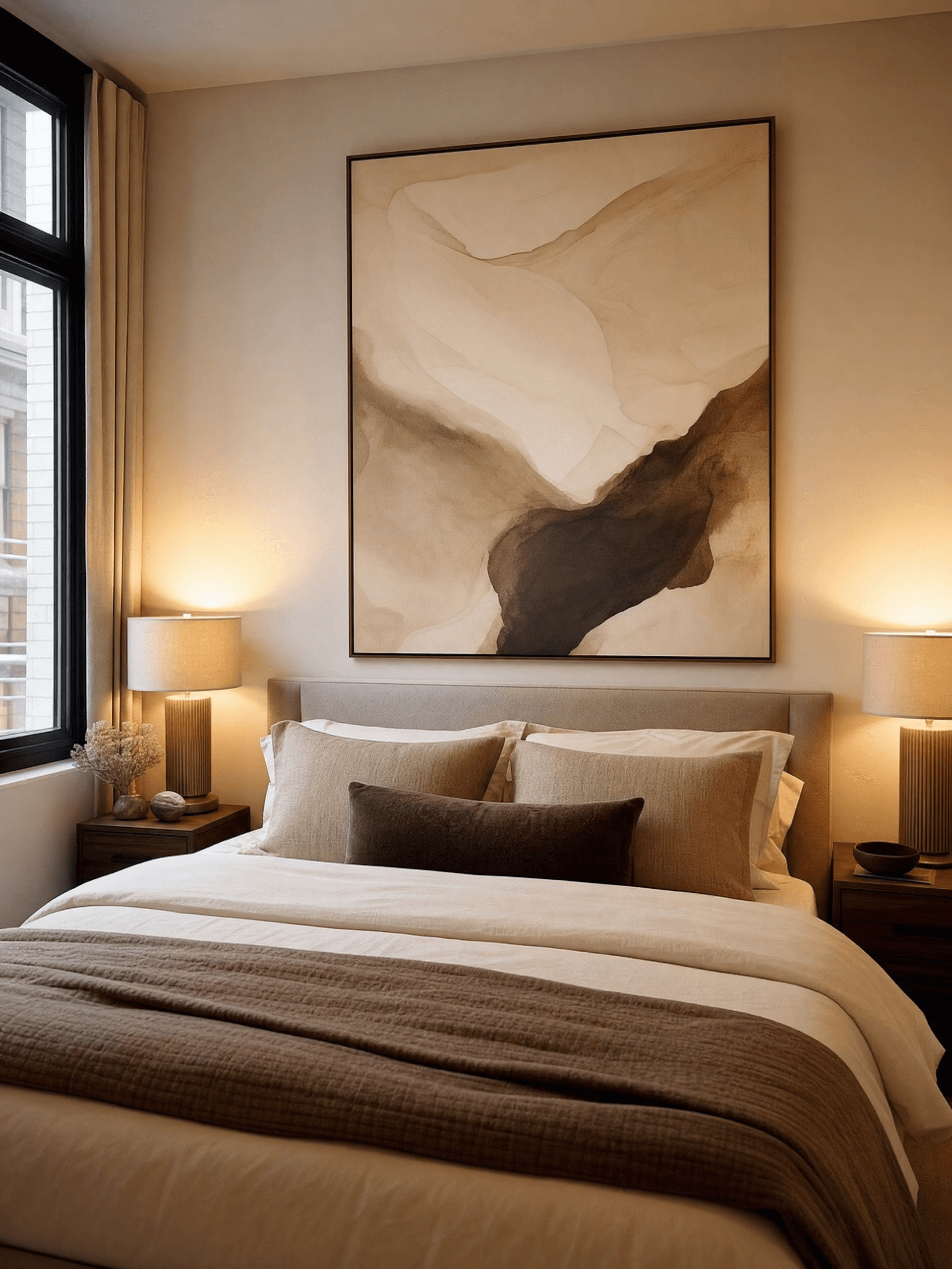 Small cozy bedroom with one large elegant abstract artwork centered above bed