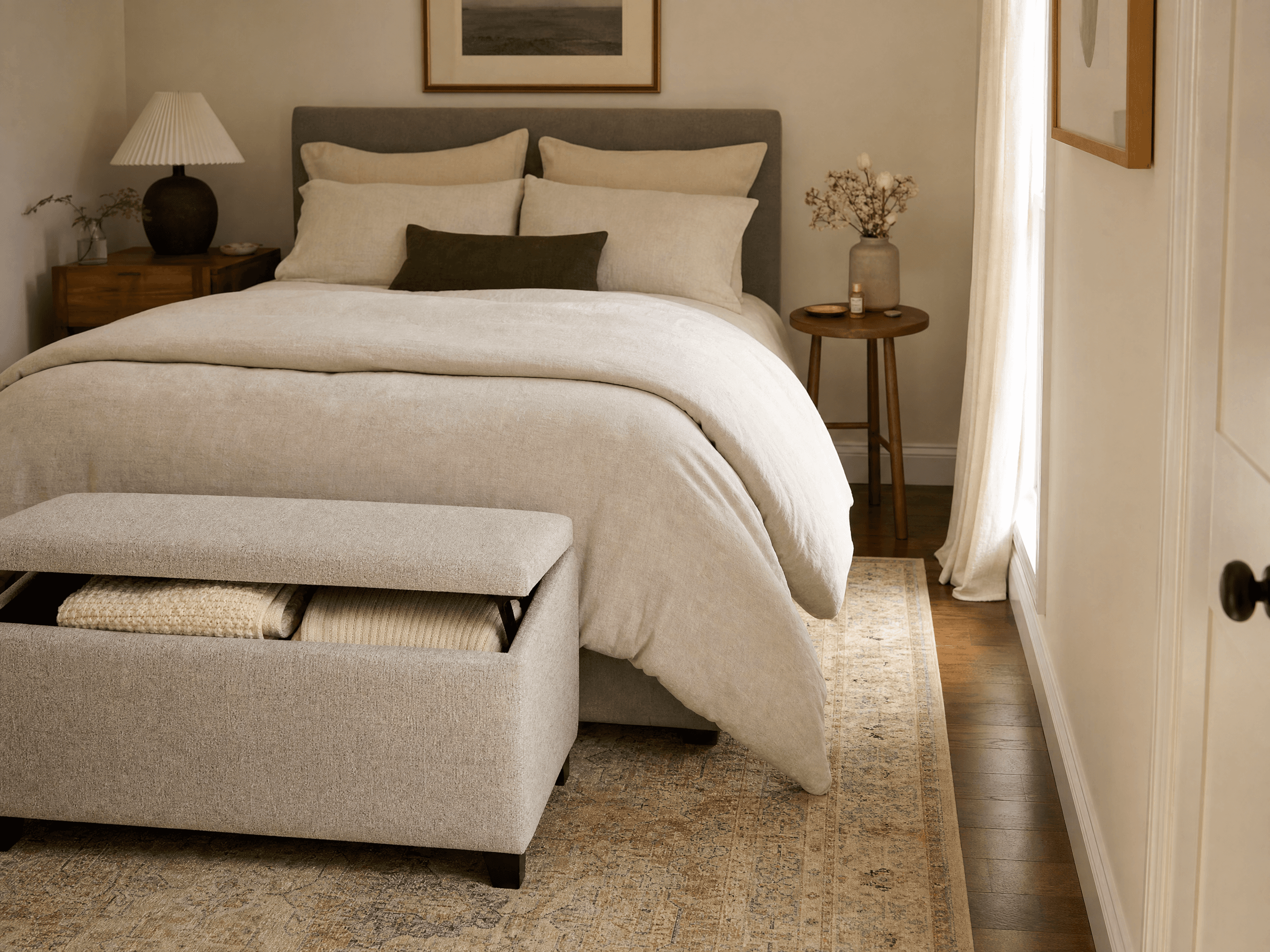 Slim storage bench at the foot of a bed in a small bedroom