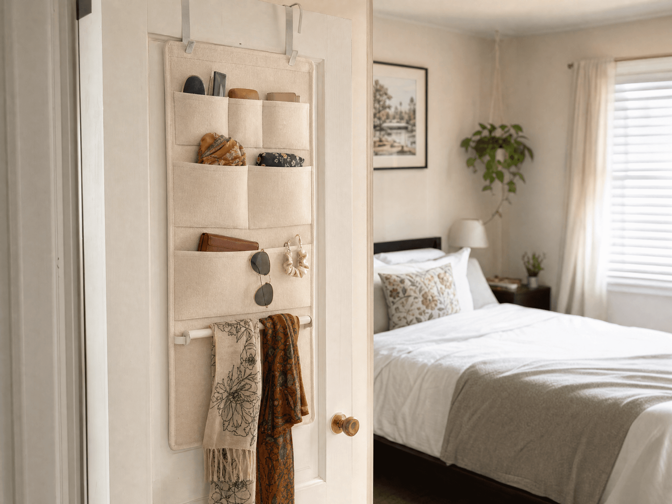 Over-the-door organizer creating extra storage in a small rental bedroom