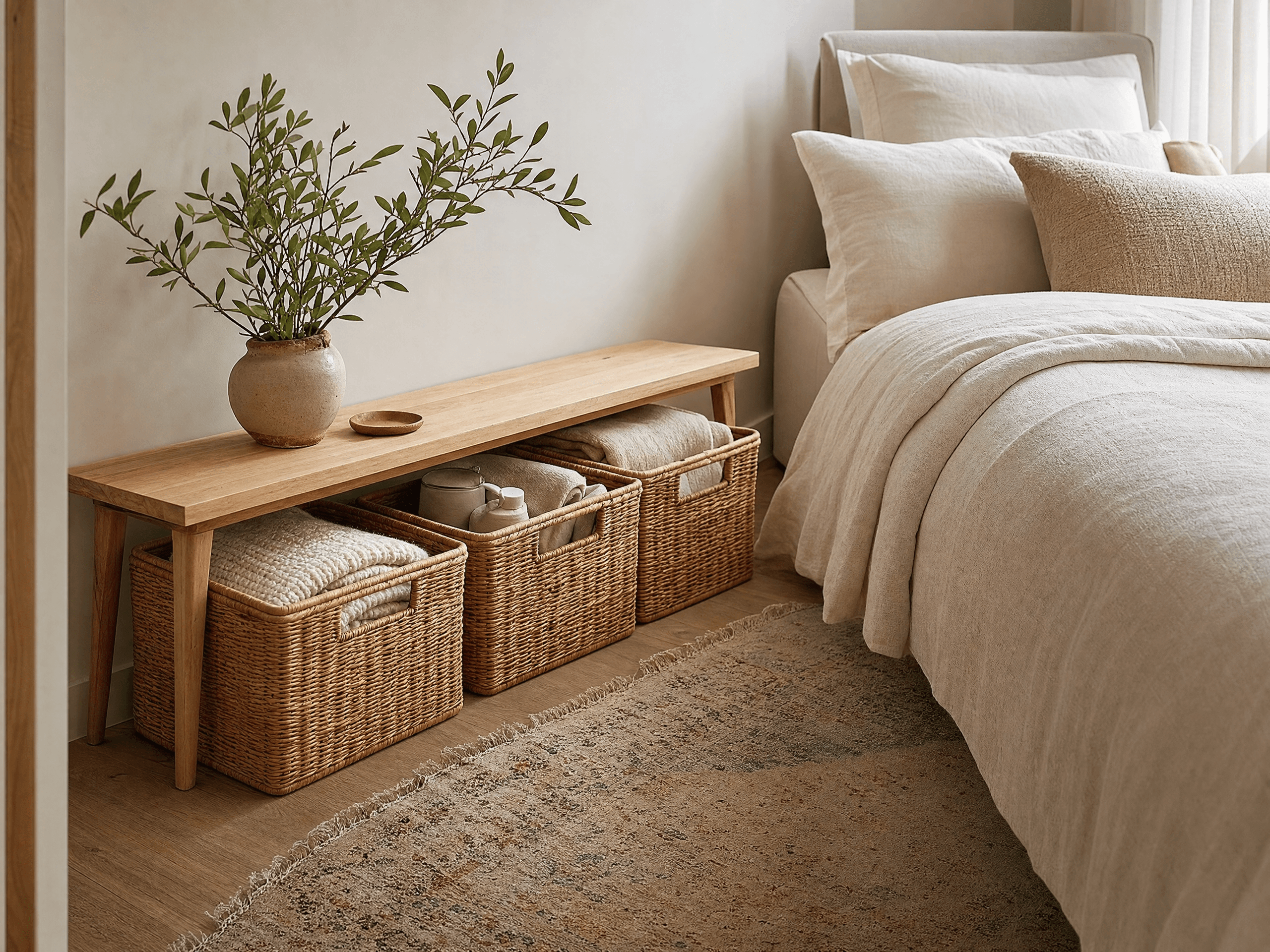 Matching woven storage baskets neatly organized in a small bedroom