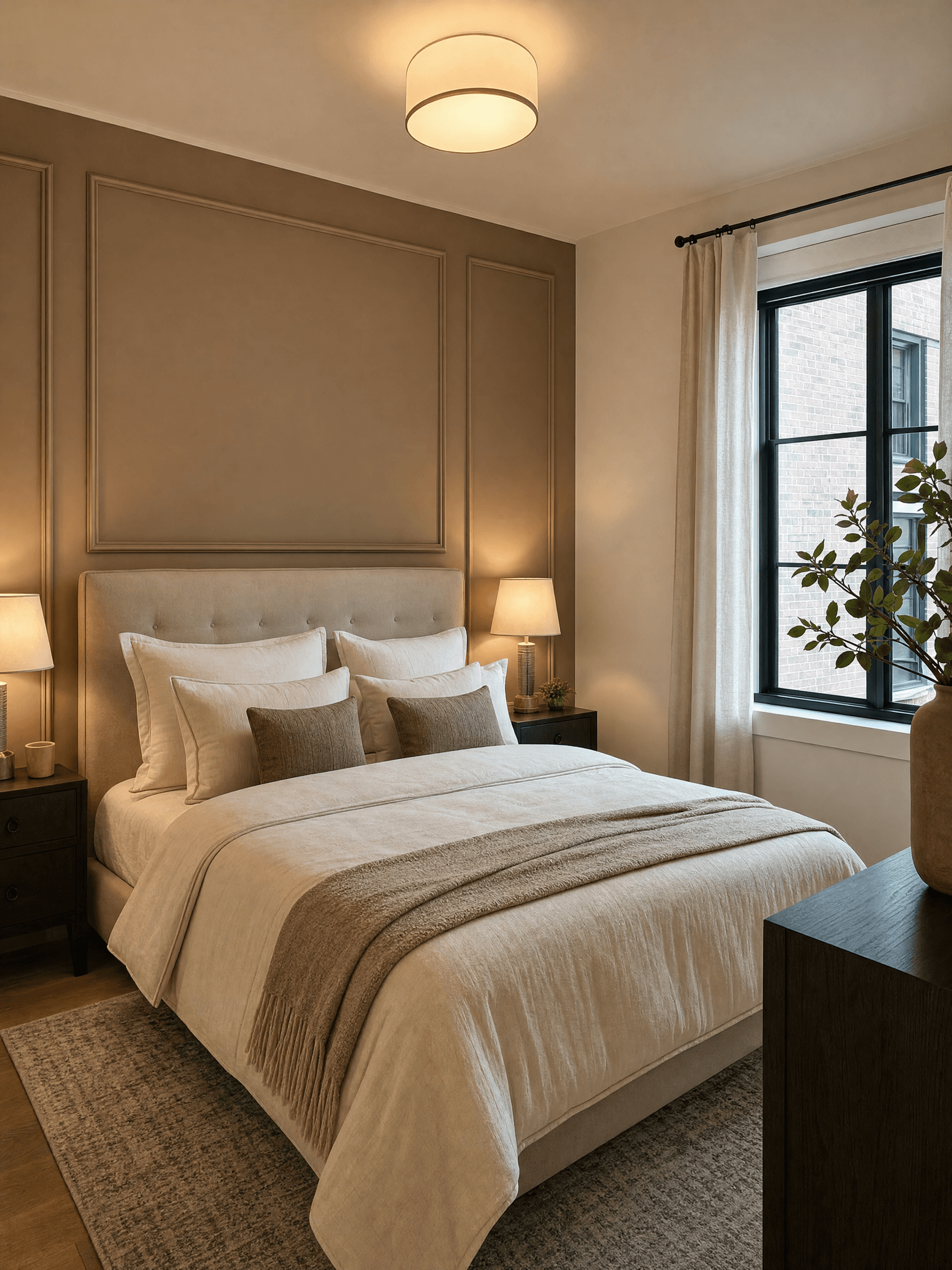 Photorealistic small bedroom with one tasteful focal wall behind bed