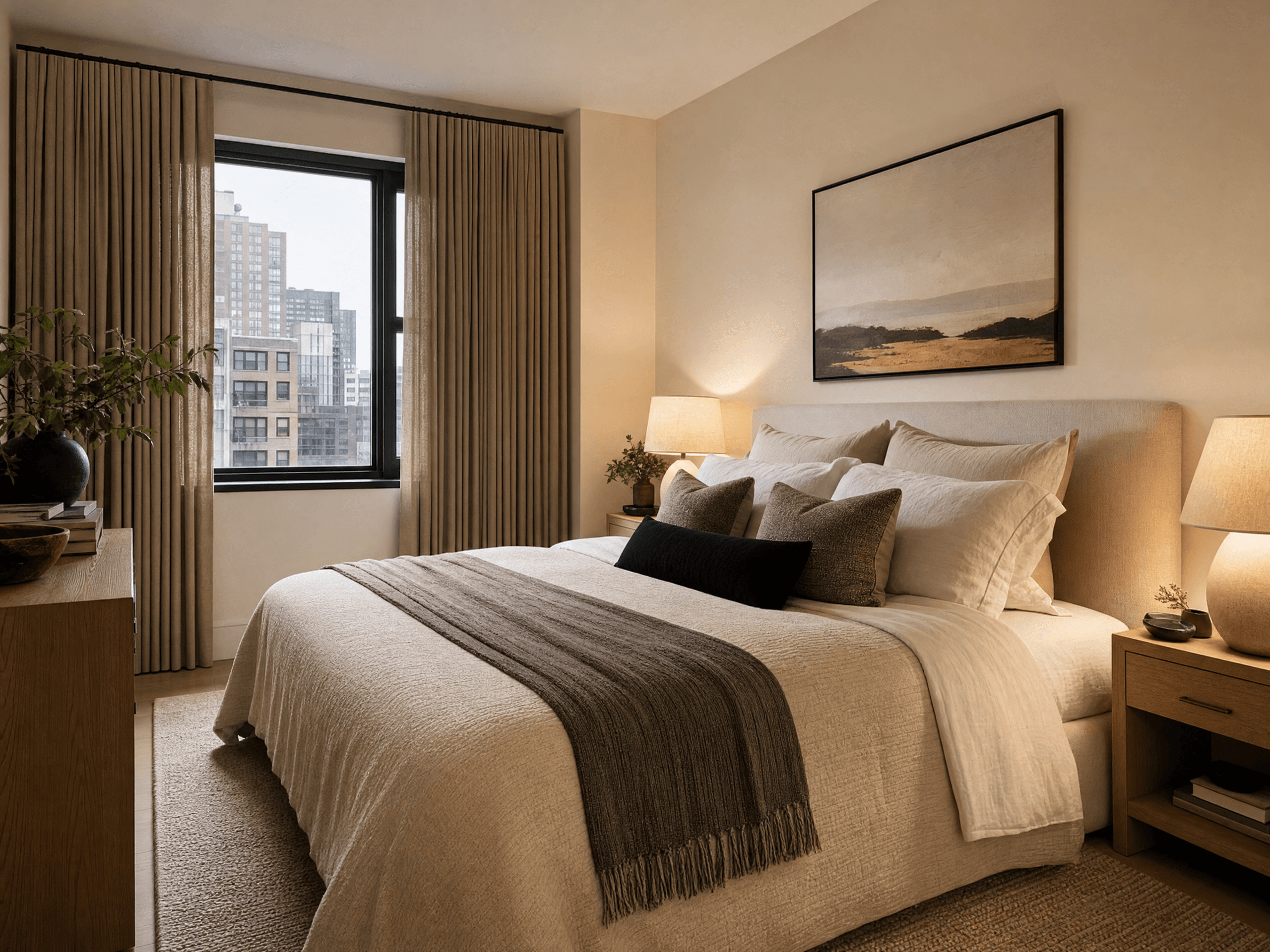 Finished photorealistic small bedroom interior that feels cohesive and expensive on a realistic budget