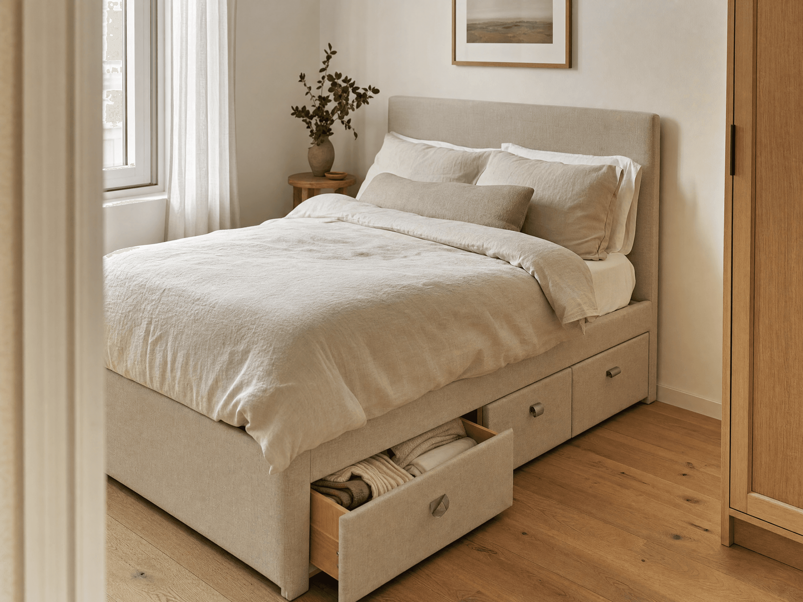 Small bedroom with organized hidden storage drawers under the bed