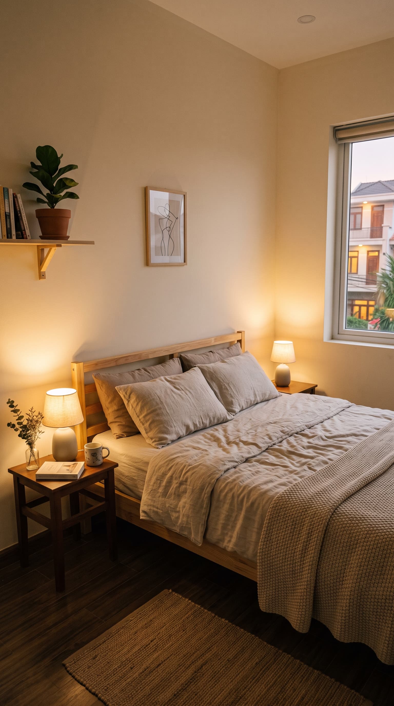 Small cozy bedroom at evening with warm ambient bedside lighting