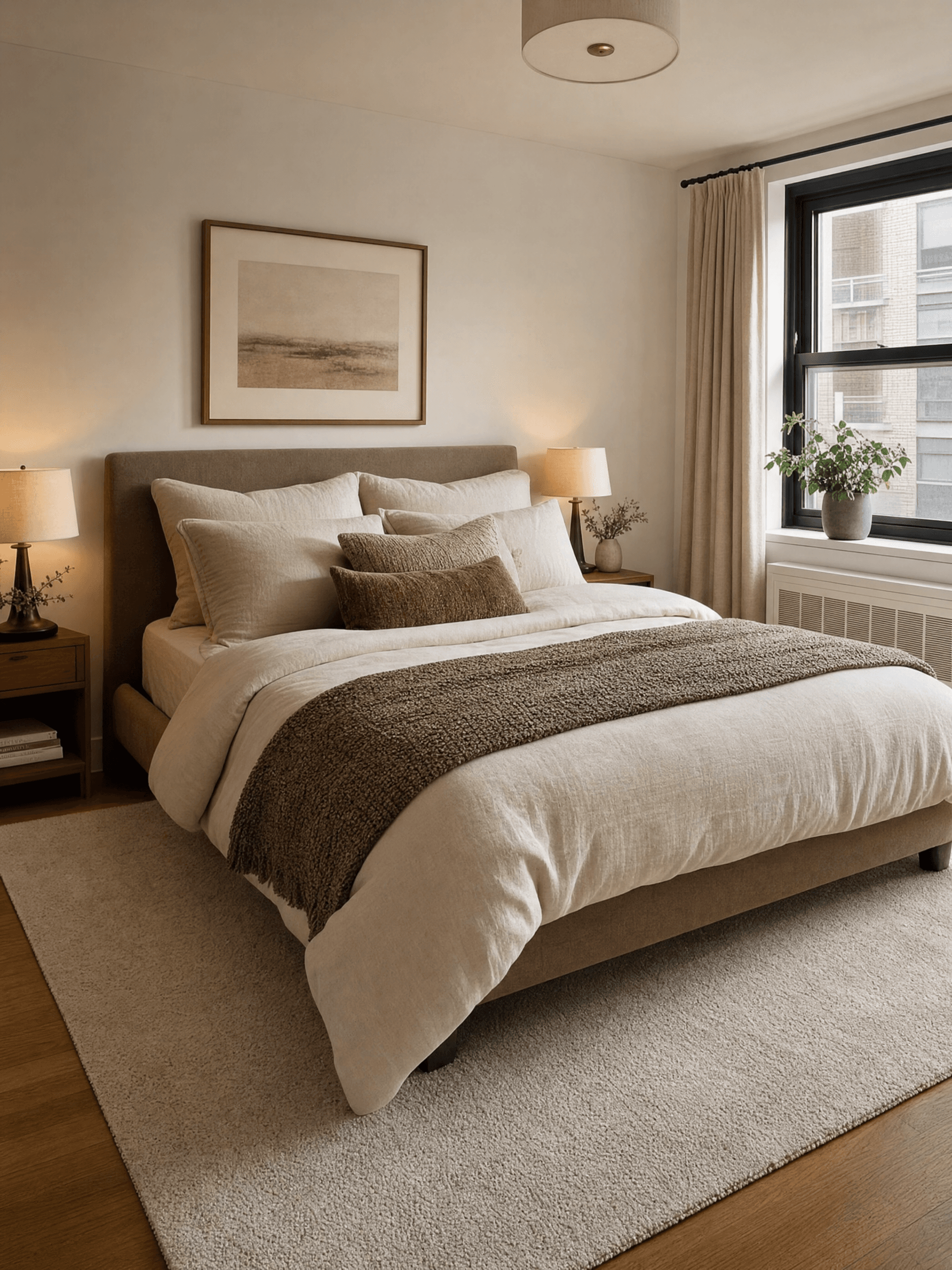 Small apartment bedroom with correctly sized soft neutral rug extending beneath lower part of bed and visible on both sides