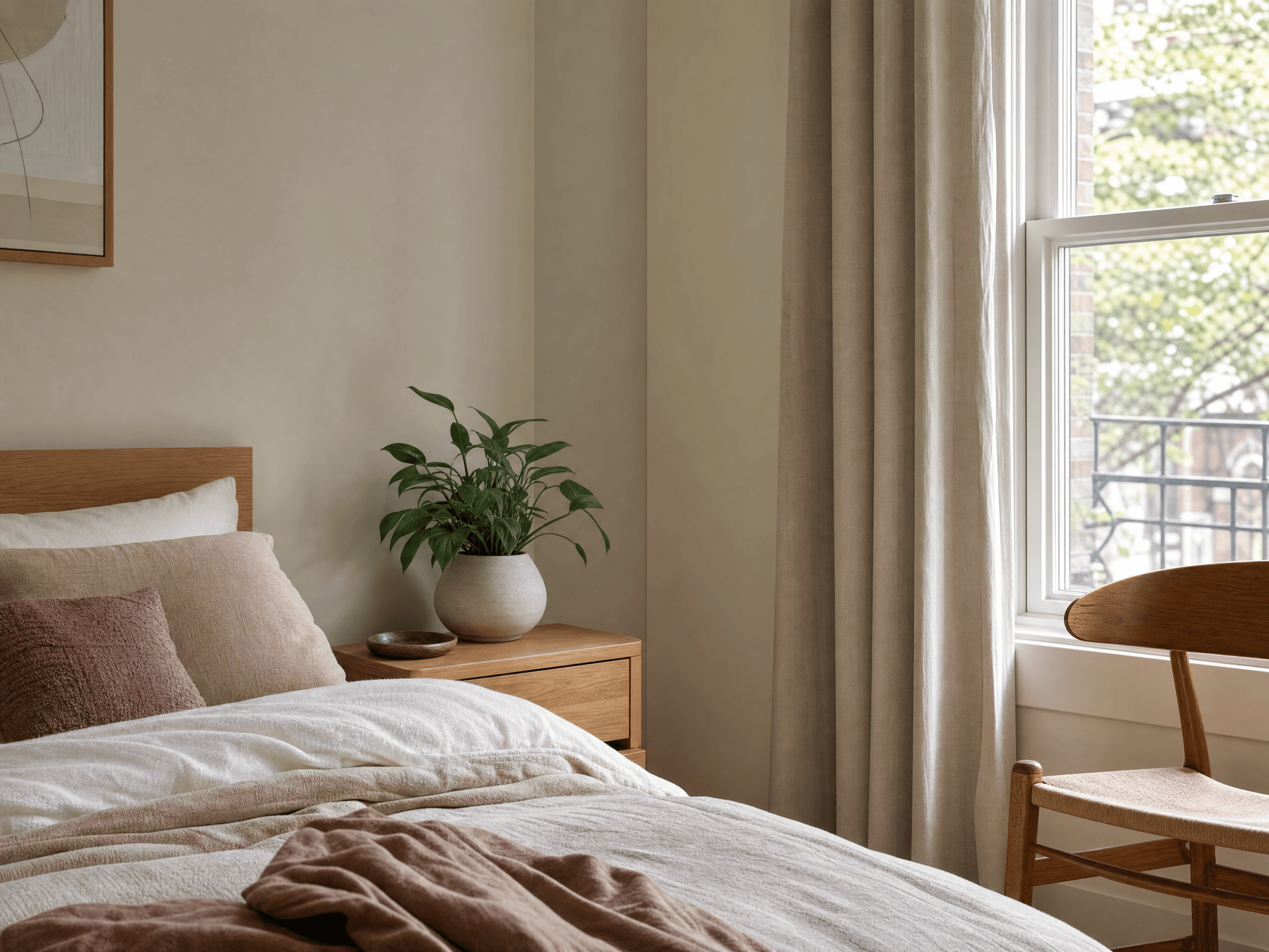 Photorealistic small cozy bedroom with one tasteful green houseplant in simple ceramic planter