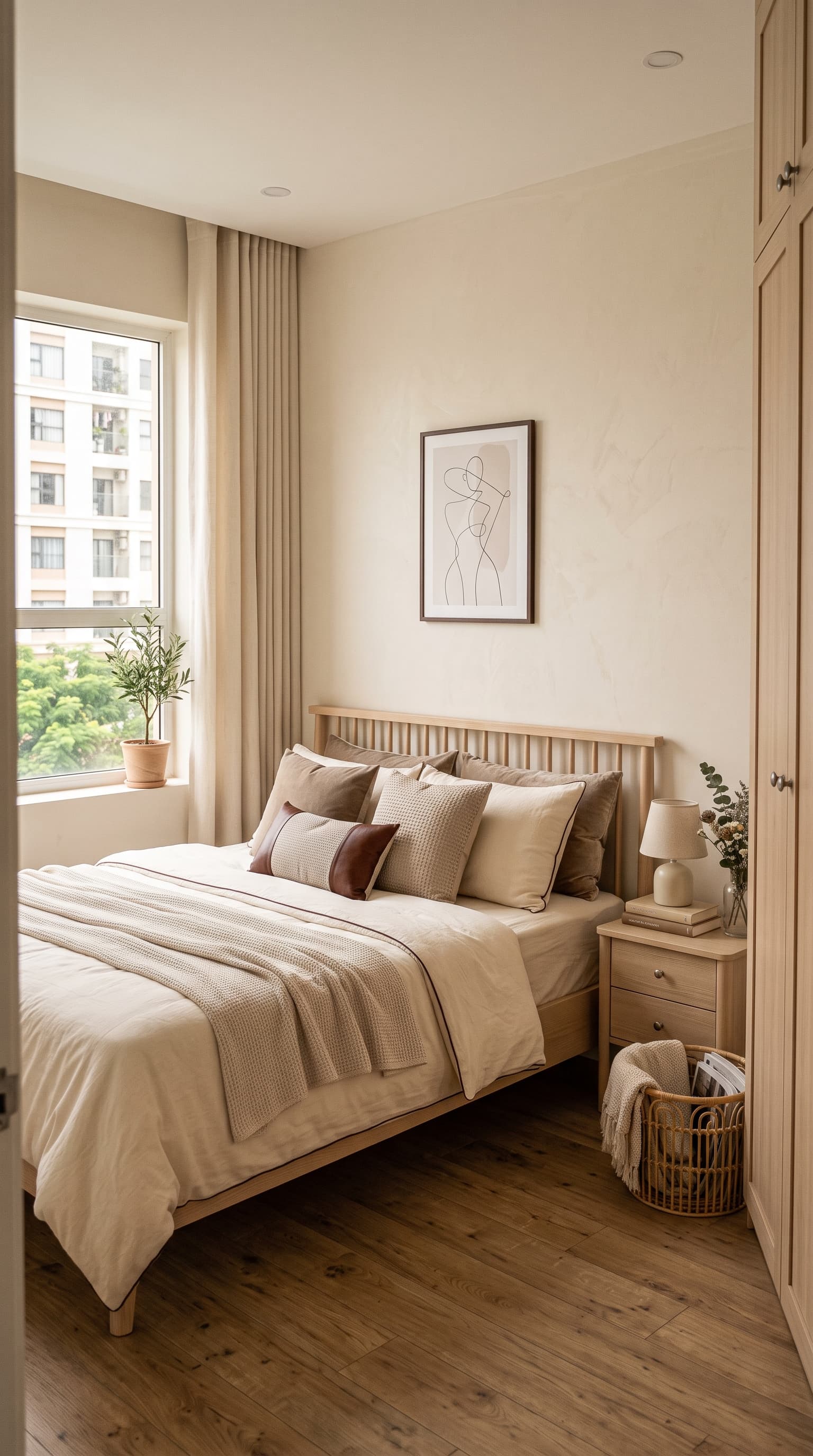 Photorealistic small bedroom decorated in warm neutral palette