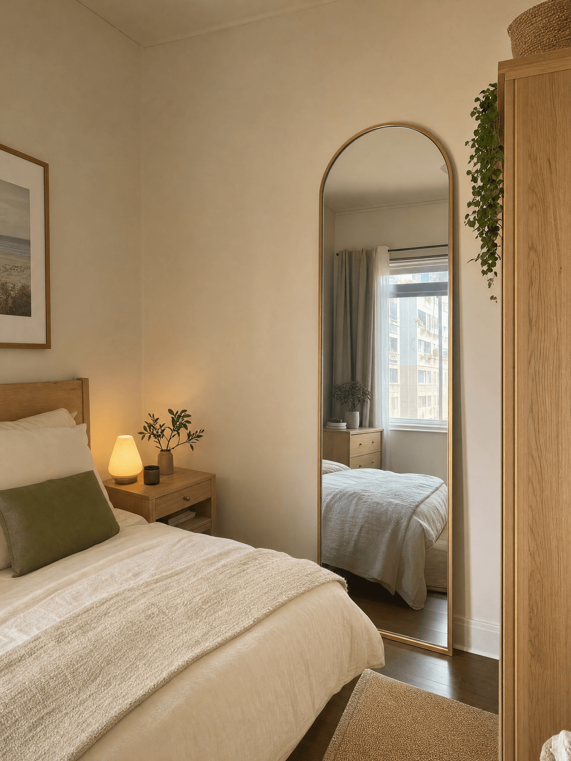 Photorealistic cozy small bedroom with tall elegant wall mirror reflecting natural window light and making room feel brighter