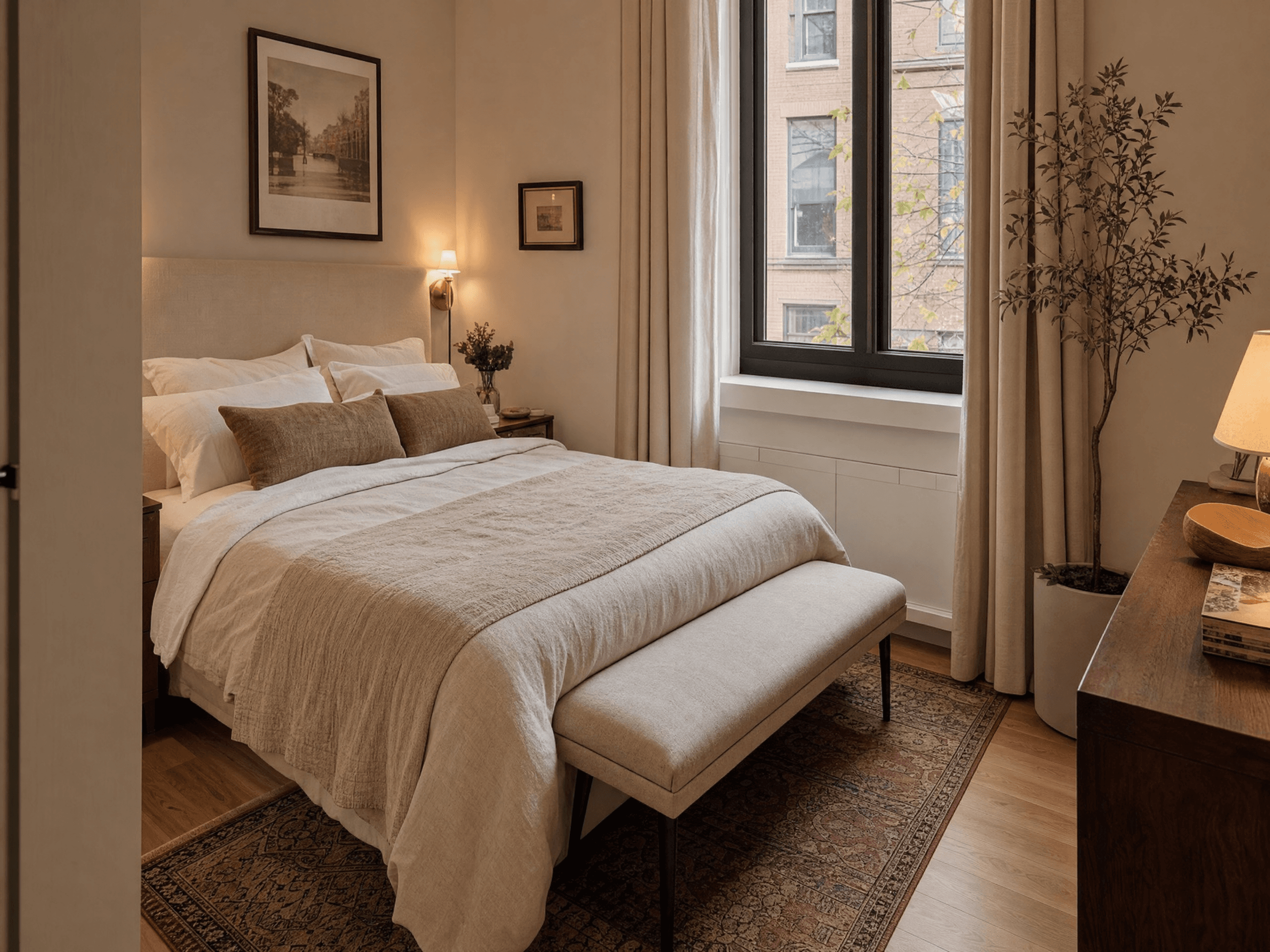 Cozy compact bedroom with narrow upholstered bench at foot of bed