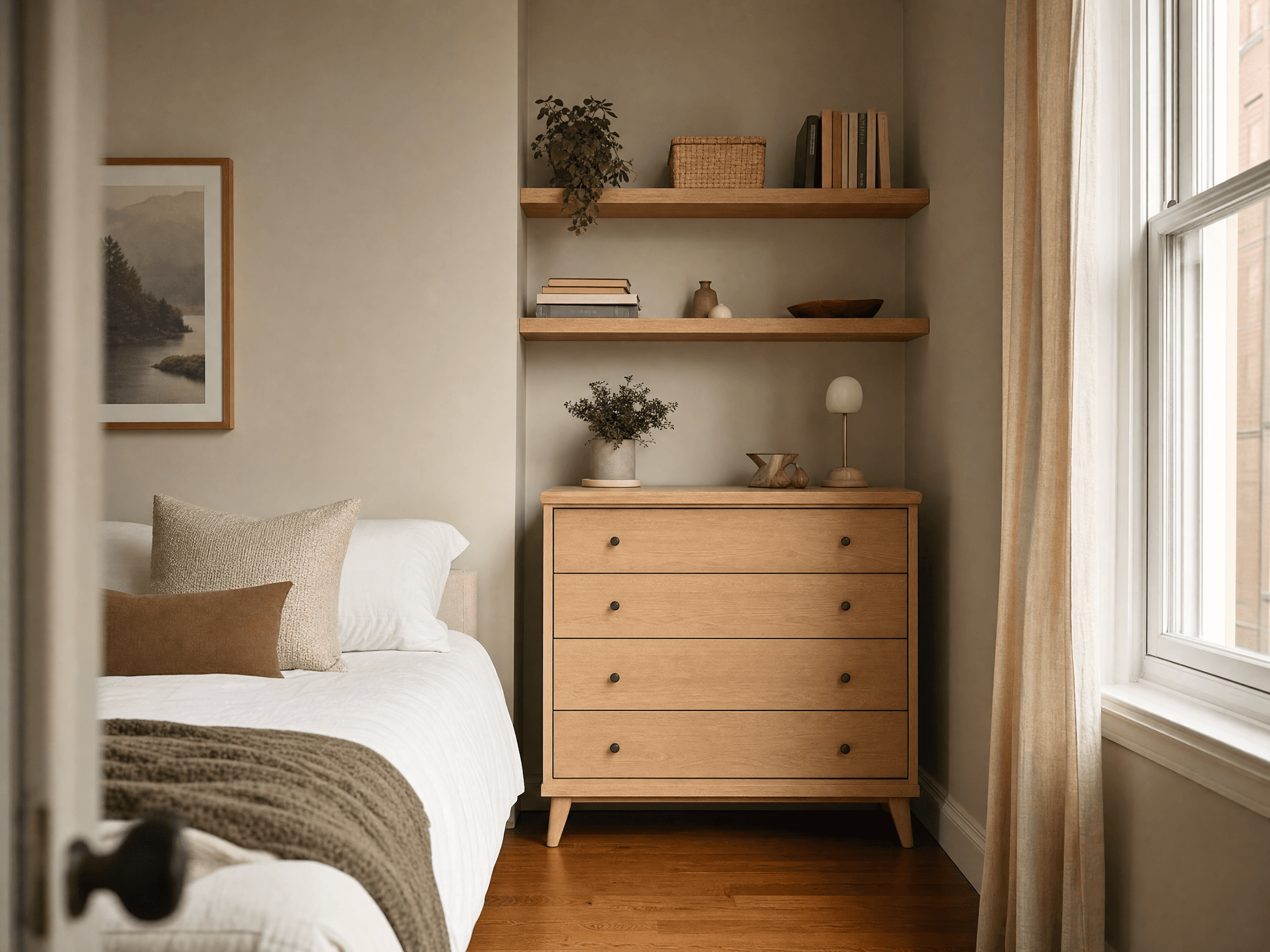 Floating wall shelves adding storage without using floor space in a small bedroom